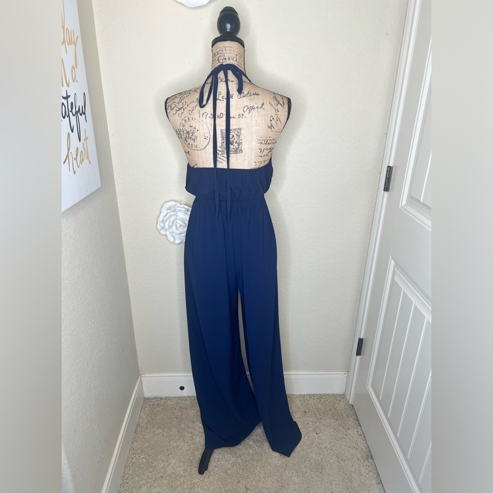 NTM: Tyche Navy Halter Cutout Wide-Leg Jumpsuit Flowy Boho Wear One-Piece Size L - Picture 10 of 16